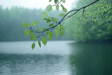 Wall Mural - A serene lake scene with rain and lush green leaves, evoking tranquility and nature's beauty.