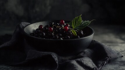 Canvas Print - Dark bowl filled with ripe black and red currants on a gray napkin.