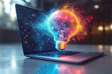 Poster - Dynamic floating bulb and laptop design, showcasing business ideas and tech-driven creativity in a minimalist style.