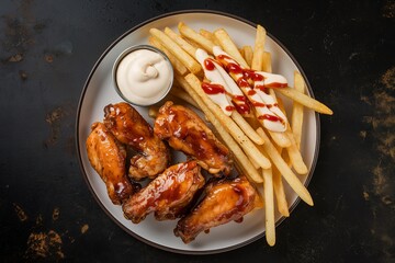 Wall Mural - a plate with oven-roasted chicken wings in teriyaki sauce and straw fries with mayonnaise and ketchup