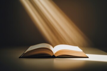 an open book placed on a flat surface, with a radiant beam of light shining down on it