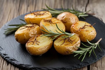 Wall Mural - roasted young potatoes on a black rustic background.