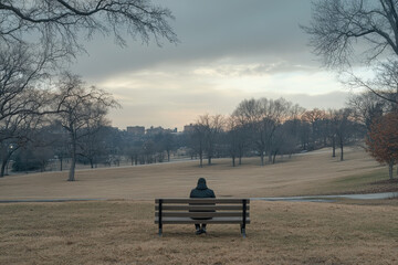 Poster - A solitary figure sits on a bench in a park, gazing at the serene landscape.