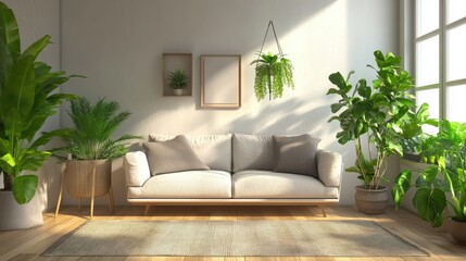 Wall Mural - Modern Scandinavian home interior design characterized by an elegant living room featuring a comfortable sofa, mid century furniture, cozy carpet, wooden floor, white walls, and home plants.