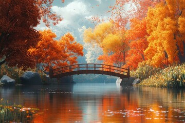 Poster - Autumnal Bridge Over Calm Water Surrounded by Colorful Trees