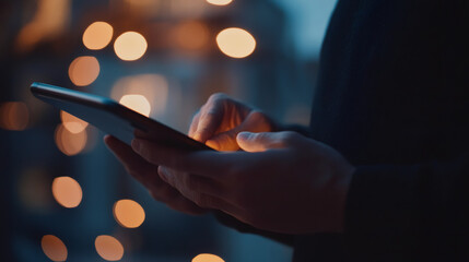 Poster - Close-up of hands using tablet computer in evening urban setting, with bokeh effect from city lights in background