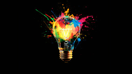 Aufkleber - Exploding light bulb with vibrant paint on a dark backdrop, symbolizing creativity, innovation, and inspiration