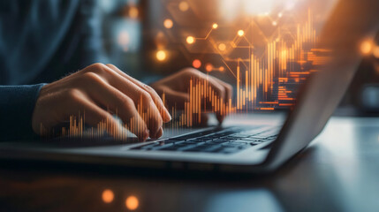 Aufkleber - Businessman studying financial charts on laptop keyboard, representing investment, finance, and stock market growth analysis