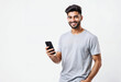 © Pixel Focus AI - Smiling Young Man Holding Smartphone Against White Background