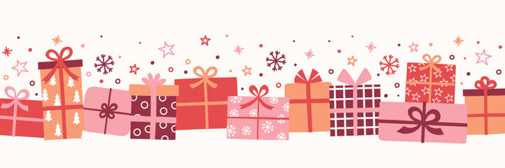 Wall Mural - christmas banner with hand drawn presents with bows. vector illustration