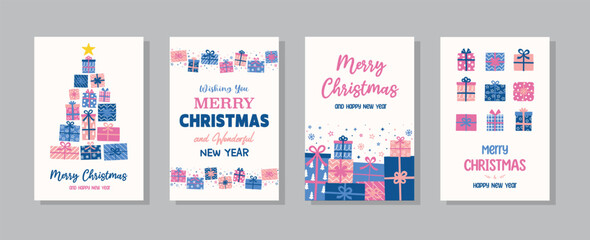 Canvas Print - Collect of Colourful Christmas greeting cards with cartoon gift boxes. Vector illustration