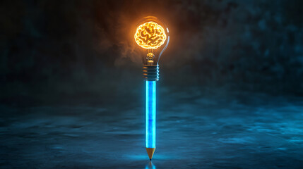 Poster - Luminous pencil with a brain-shaped light bulb represents creativity, innovation, and ideas in a dim, hazy setting