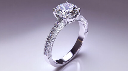Poster - Stunning diamond ring shimmering on a reflective surface, featuring exquisite craftsmanship and elegant design in white gold and platinum