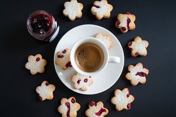 Wall Mural - A photo of a cup of espresso coffee served with cranberry cookies and cranberry jam