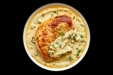 Wall Mural - A side view of a plate with a chicken breast in cheese sauce with herbs, isolated on a black background