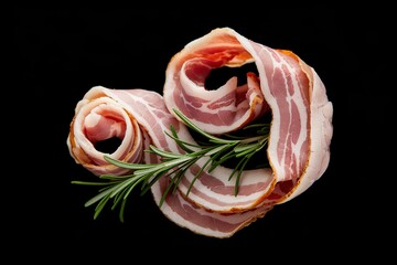 Wall Mural - An isolated shot of raw bacon slices with fresh rosemary on a black background