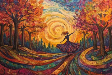 Poster - Woman Dancing in Autumnal Forest Landscape