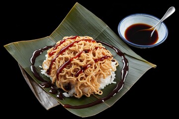 Wall Mural - noodles and rice with teriyaki sauce and soy sauce.