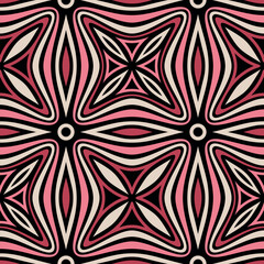 Wall Mural - Retro-inspired abstract design with striped geometric elements and wavy red, pink, white, and black lines. Contemporary art deco. Seamless repeating pattern. Vector illustration.