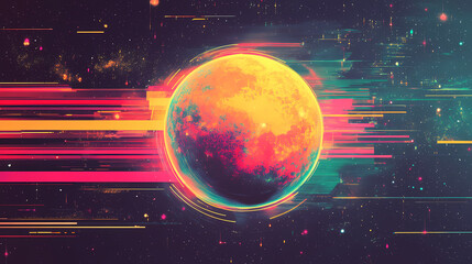 abstract cosmic planet with glitch effect and stars. equinox. illustration