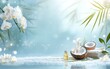 © Антон Федченко - A serene winter spa scene with bamboo decor, coconut oil, and fresh orchids on a soft blue background