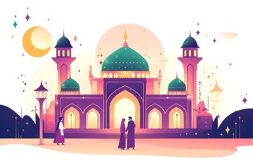 mosque, illustration, architecture, religion, design, minaret, landmark, building, travel, heritage, india, spirituality, dome, sky, vector, asia, culture, historical building, crescent moon, artwork,