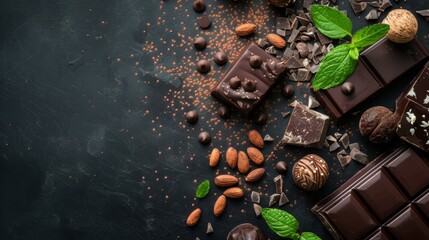 Wall Mural - Dark chocolate with almonds and mint leaves on black background