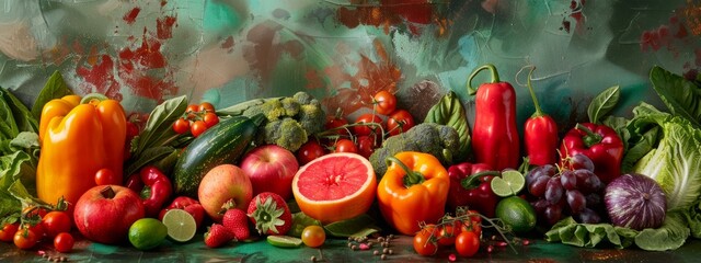 Wall Mural - Vibrant assortment of fruits and vegetables on artistic background