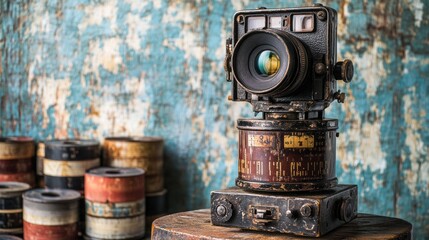 Poster - An antique camera on a wooden surface with vintage film canisters in the background.