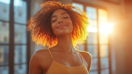 Poster - A cheerful woman stands in a sunlit room with large windows, embracing the warm sunlight. Her curly hair glows in the sunlight, creating a serene atmosphere.