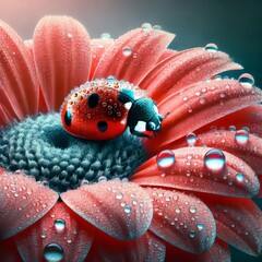 Wall Mural - macro photography, close-up, ladybug on a large beautiful flower, on a bright colored plain background