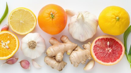 Wall Mural - A selection of immune-boosting foods. such as citrus fruits, garlic, and ginger. displayed on a clean white background. highlighting the benefits of these foods for immunity