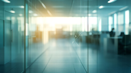 Aufkleber - Modern office interior with glass walls and sunlight creating a spacious and bright ambiance