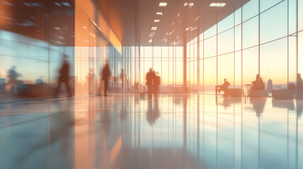 Canvas Print - Blurred silhouettes of businesspeople walking in a modern office lobby with large windows and sunset view