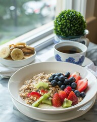 A serene breakfast nook with vegan dishes. featuring oatmeal, fresh fruit, and green tea. promoting a nutritious and peaceful start to the day. Ideal for health articles