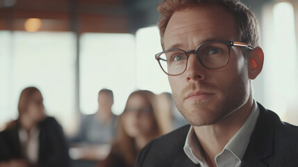 Wall Mural - Professional businessman attentively listening during a presentation in a conference room, showcasing focus and dedication among colleagues