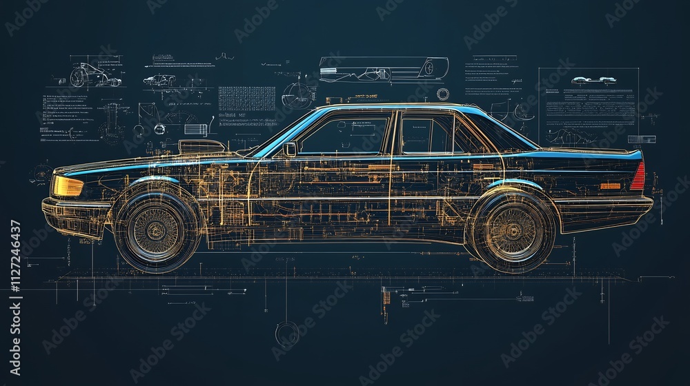 In-depth technical drawing of a car displayed in an informative ...