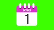 © Bruno - October 1. Cartoon style calendar. Cartoon style calendar with date and month name on green chroma key background. 4k.