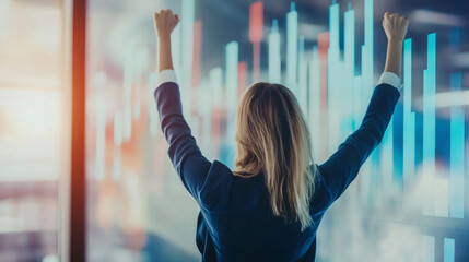 Aufkleber - Successful businesswoman celebrating by raising arms in front of interactive financial charts on modern office screen