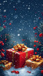 © waylan_design - Festive Christmas cartoon yellow and red present gift  box surrounded by holiday decorations and winter snowy forest with Xmas trees. New Year postcard background phone wallpaper.Illustration