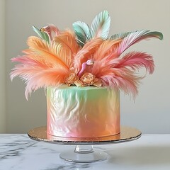 Wall Mural - there is a cake with a colorful design and feathers on it