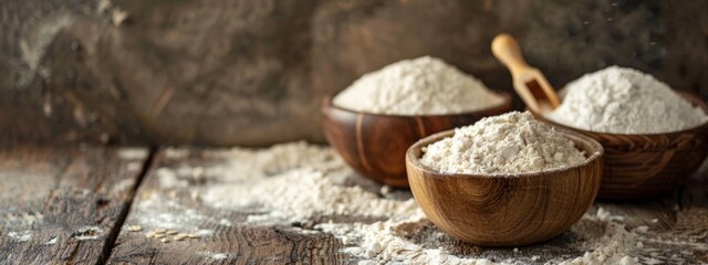 Wall Mural - Wooden bowls filled with flour on rustic wooden table