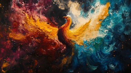 Wall Mural - vibrant abstract phoenix rising from the ashes in a whirlwind of colorful swirls with fiery hues and