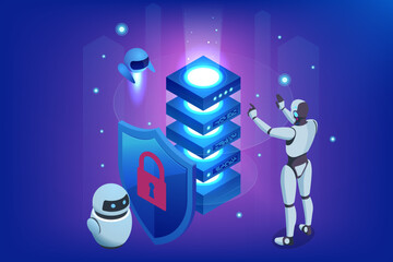 Isometric AI-powered robot ensuring information privacy through advanced cybersecurity measures. It enhances the security, performance of databases while providing secure online banking.