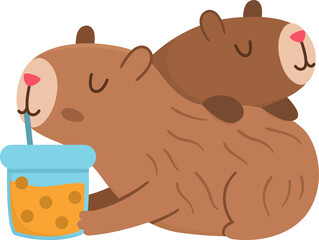 Canvas Print - Vector capybara icon. Cute capibara sitting on each other and drinking bubble tea with closed eyes. Funny happy animal illustration isolated on white background. Comic trendy guinea pig clipart