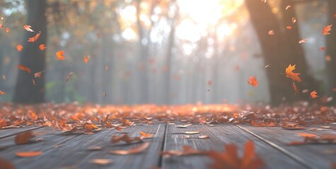 Wall Mural - autumn background with wood and leaves for product presentation, a beautiful autumn forest in the mo