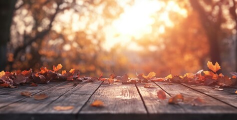 Wall Mural - autumn background with a wooden floor and autumn leaves in the forest at sunset background for produ