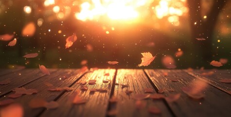 Wall Mural - autumn background with a wooden table and beautiful autumn leaves in a forest at sunset autumn woode