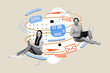 © deagreez - Composite photo collage of two happy girl guy hold phone laptop distance correspondence letter icon message isolated on painted background
