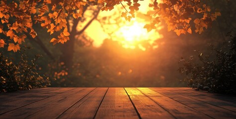 Wall Mural - autumn background with a wooden floor and golden autumn leaves in a forest at sunset autumn backgrou
